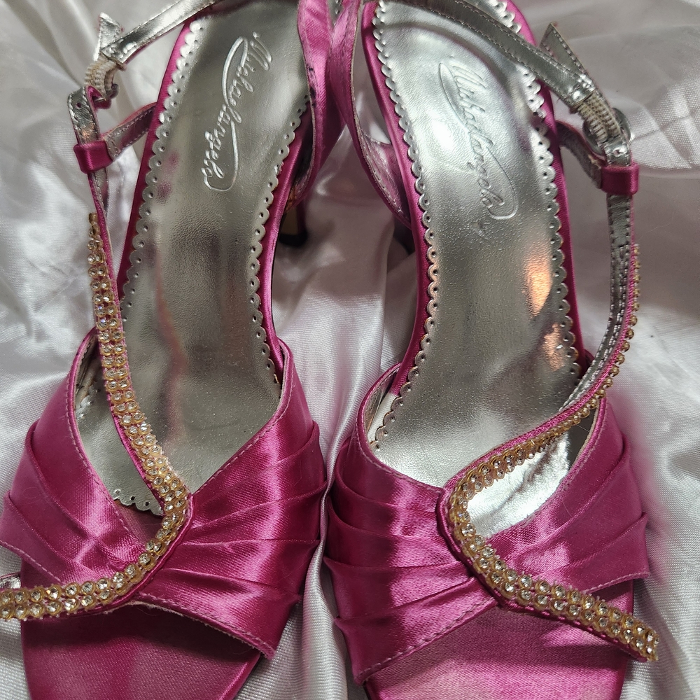 Michaelangelo Fuchsia Satin Heels with Rhinestone Accents